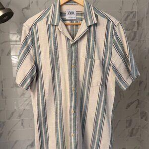 Zara Large Short Sleeve Button-Down — White with Teal Stripes